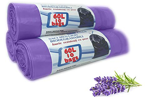 60L Lavender Scented Bin Bags, Waste Bags, Set 3 Rolls Counts 30 bags, Bin Liners with Drawstrings Trash Bags for Kitchen, Office, and Bathroom Bin Liners