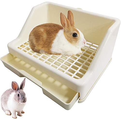 kathson Rabbit Litter Box Trainer Small Animal Potty Corner Toilet with Drawer Pet Cage Pan Litter Bedding Box for Adult Guinea Pig Hamster Bunny Ferret Galesaur Mouse Squirrel (White)