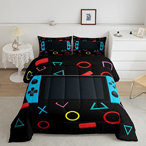 Feelyou Gamer Comforter Set for Boys Bedroom Kids Toddler Gaming Bedding Set Video Game Comforter Full Size Home Decor Curtain Geometric Triangle Circle Quilted Duvet Set with 2 Pillow Shams Colorful