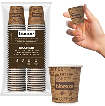 bioexxe Bicchierini Caffè Carta 100Pz da 75ml - Bicchieri Caffe Biodegradabili da 75ml - Bicchieri Caffe Carta Resiste a Bevande Fino ai 85°/90°- Monouso Ecologici Bio (marrone)