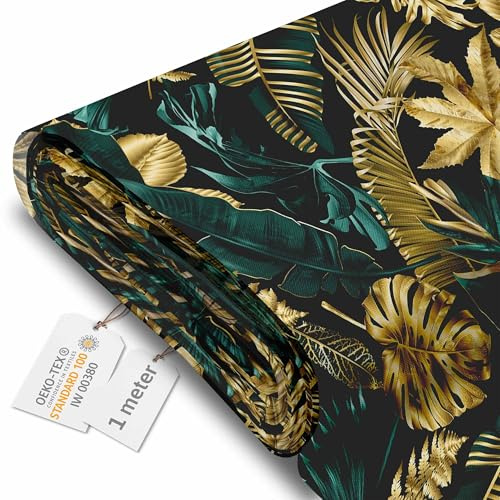 DreamRoots Tissu imperméable extérieur au metre 160 cm Largeur - Toile exterieure impermeable 100% de polyester 600D 220g/m - Tissus au metre ameublement Monstera Gold Green 1M