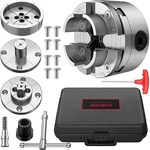 XUNTOP 4’’ 4-Jaw Self-Centering Lathe Chuck Set with 1 x 8TPI Threads, 3/4 x 16TPI Adapter, Round Jaws, Wide Bowl Jaws, Step Jaws, Pin Jaws, Woodworm Screw, Chuck Key, T Shape Wrench for Woodworking