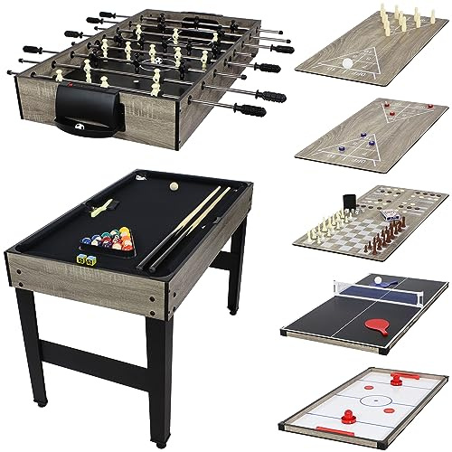Sunnydaze 10-in-1 Game Table - Combination Multi-Game Table with Billiards, Push Hockey, Foosball, Ping Pong, Chess, Checkers, Backgammon, Bowling, Shuffleboard, Card Games - Classic Wood Stain