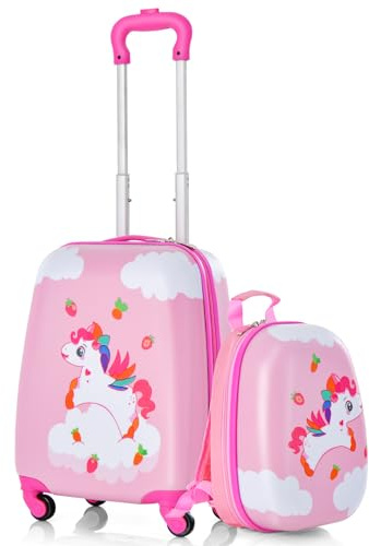 COSTWAY Set di Valigia per Bambini, 16 Valigia+ 12 Zaino, 2 Pezzi, con Ruote Girevoli a 360° e Maniglia Retrattile, Ideale per Viaggiare in Modo Comodo e Divertente (Modello 14)