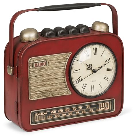 MIJOMA Cassetta portachiavi vintage in metallo con design retrò con orologio, rosso, montaggio a parete, decorativa e pratica, 22 x 19 x 8,5 cm, funzionamento a batteria, MIJ-144392