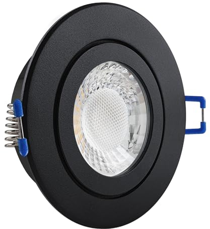 LED Einbaustrahler Feuchtraum IP44 schwarz pulverbeschichtet | rund Echtglas | Lochmaß Ø 60mm - 75mm | geringe Einbautiefe 25mm | Anschlussfertig Farbe 5W LED Modul flach neutralweiß COB 230V