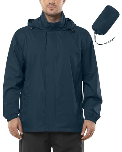 Outdoor Ventures Mens Lightweight Waterproof Jackets, Packable Rain Jacket Breathable Windproof Raincoat Adjustable Hiking Outdoor Jacket Dark Sea L