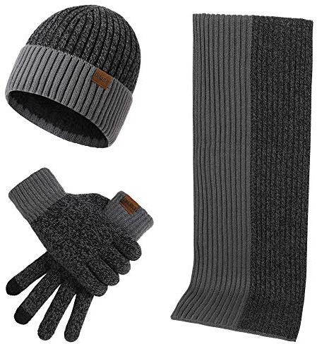 GEEKEO Winter Mens Hat Scarf Gloves Set, Thermal Warm Knitted Beanie Cap Touchscreen Glove Long Scarf Outdoor Sports Super Soft Fleece Inner Lining Stretchy Elastic Gifts for Men Women