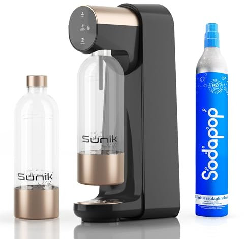 Sunik® Wassersprudler elektrisch SUNfizz One - mit Universal CO2-Zylinder und BPA Freie Kunststoff-Flasche 1L, Höhe 42cm - Premium Wassersprudler elektrisch