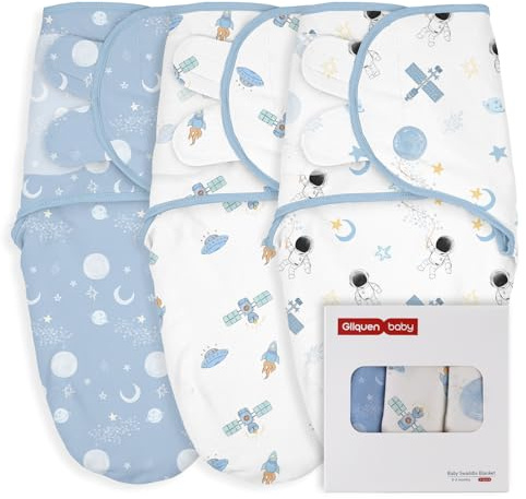 GLLQUEN BABY Swaddles Pucksäck baby 0–3 månader, 100 % ekologisk bomull baby sovsäckar för nyfödda, Öko-Tex 100 sovsäck för småbarn, unisex 3-pack inslagning (astronaut)