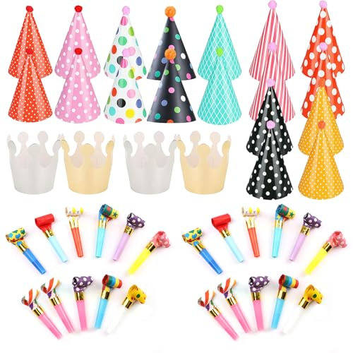 44 Stücke Partyhüte und Party Gebläse Set, Silvester Party Hüte Lufttröte Pfeife Geburtstagshut Partyhüte Kinder Partyhütchen Geburtstag Party Supplies für Kindergeburtstag Festival Baby Shower