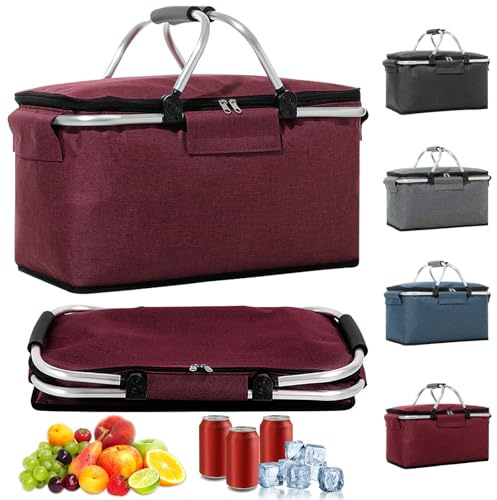Hengrongshen 18 l shoppingkorg vikbar, inköpskorg med kylfunktion, med lock, korg shopping, kylkorg vikbar, kylbox bärbar, bärkorg, isolerad röd för resor, picknick, shopping