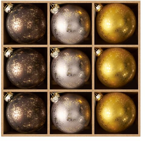 DN DECONATION 9 Weihnachtskugeln 8cm, Gold Silber Braun Christbaumkugeln Glas Set, Weihnachtsbaumschmuck mit Folien Akzenten für Weihnachtsbaum Deko, Winterdekoration & Festtagsgeschenk