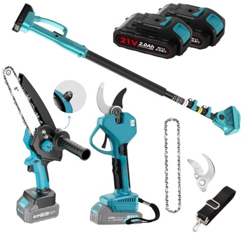 Tijeras de Podar Electricas 40mm + Motosierra bateria + Pértiga Telescópica 4,5 m + 2 Baterías 21 V | Lubricación Automática | Kit de poda jardineria