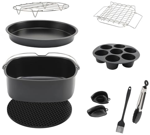 8 Heißluftfritteuse Zubehör Kit, 6L Quadrat Airfryer Accesories Silikonform Backform Set of 10 für Cosori Cecotec Tefal Ninja Pro Max Russell Hobbs