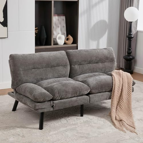 PUGSDRLY Canapé d'angle Convertible 2 Places,Petit Canape 2 Places avec Dossier et Accoudoirs Réglables,Pieds Métalliques,pour Salons,Chambres (Gris Foncé)