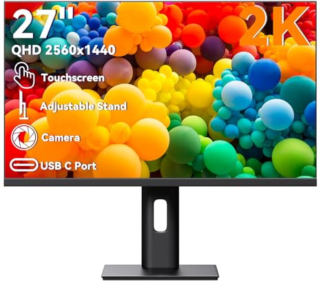 Pisichen Touchscreen Monitor 27 Inch 2K 100Hz Gaming Monitor with Webcam, QHD 2560x1440 IPS PC Monitors, 10-Point Multi Touch Screen Computer Monitors, with USBC HDMI Ports, Built-in Speakers