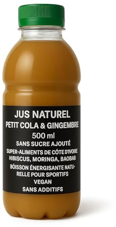 Jus Naturel Petit Cola & Gingembre – 500 ml – Sans Sucre Ajouté – Super-Aliments de Côte d’Ivoire – Hibiscus, Moringa, Baobab – Boisson Énergisante Naturelle pour Sportifs – Vegan – Sans Additifs