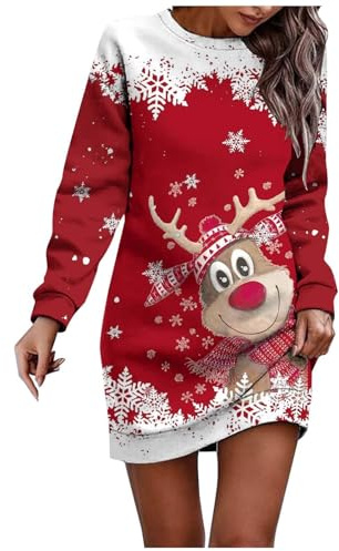 Générique Robe Pull De Noel Femme Impression Robe Noël Vin Motif Midi Confortable Et Douce Décontractée Col Rond Chic Elegant Automne Hiver