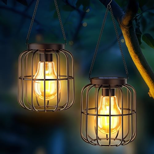 Lampade solari per esterni, 2 pezzi, IP65, impermeabili, in metallo, per esterni, balcone, decorazione, luce bianca calda, lanterna solare per giardino, terrazza, prato, cortile