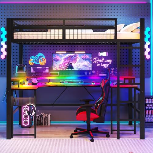 Yihomfy Lit Mezzanine Adolescent 90×200 cm, Lit Superposé Enfant en Métal avec Éclairage LED et Station Charge, Bureau Intégré à Double Couche et Crochet, Échelle et Protection Anti-Chute, Noir-A