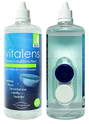 VITALENS - Solution Multifonction pour Tout Type de Lentilles de Contact - 6 en 1 : Décontamine, Nettoie, Rince, Déprotéinise, Lubrifie, Conserve, Hydrate - Acide Hyaluronique - Etui inclus - 400ml