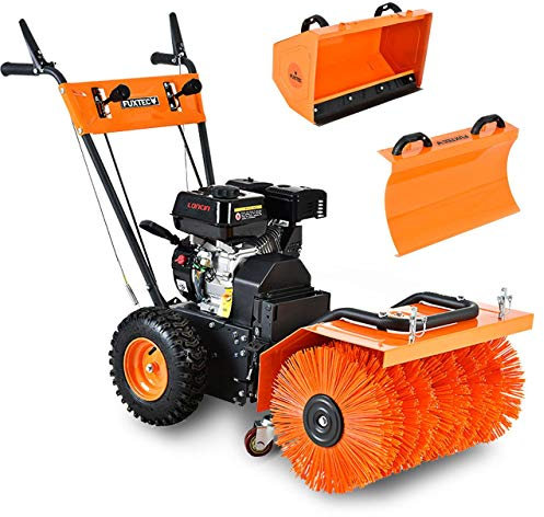 Fuxtec Benzin Kehrmaschine FX-KM196 mit Kehrbesen und 196cc Hubraum inklusive Schneeschieber und Kehrgutsammelbehälter/Auffangbehälter, optional erhätlich ist ebenfalls EIN Schneefräsenaufsatz