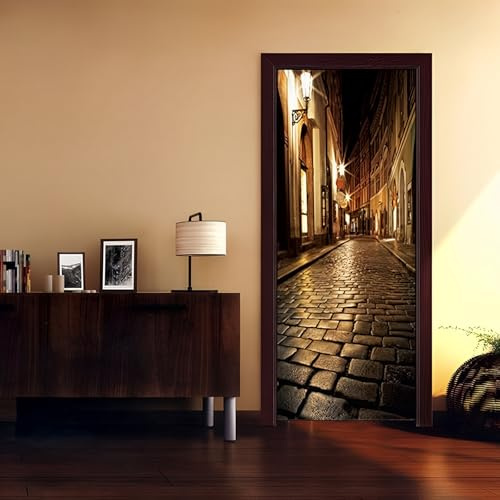 CUGBO Door Wallpaper Murals 3D Alley at Night Door Wallpaper Sticker Self Adhesive Vinyl Removable Art Doors Decals for Home Decoration