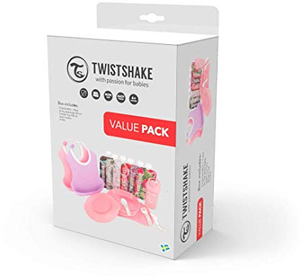 Twistshake Kindergeschirrset Click-mat Mini mit 2x Lätzchen, Trinklernflasche, 6x Quetschies, BPA Frei, Pink, Lila
