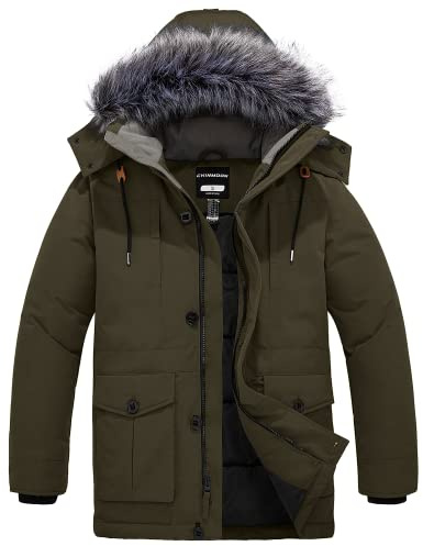 CHIN·MOON Men's Winter Warm Coat Windproof Puffer Jacket Outdoor Thicken Parka Jacket Mid Length Outerwear Coat with Faux Fur Hooded Army Green M