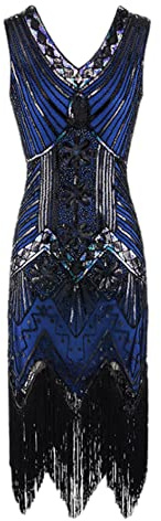 HAHAEMMA Robe vintage des années 1920 pour femme - Bleu 1-21398, M - Mini avec franges, Paillettes, pompons - Robe de cocktail, Robe de bal de fin d'année, Occasion formelle, Ville - Femme, Adulte