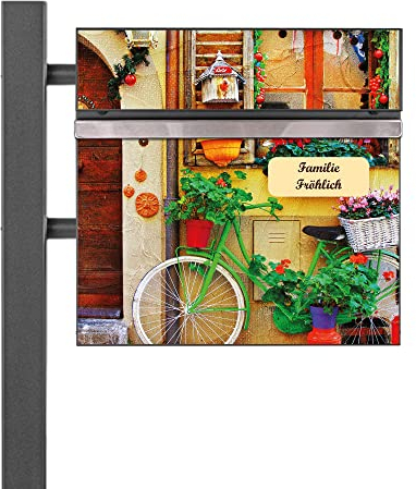 banjado® Standbriefkasten Anthrazit mit Namensschild Grünes Fahrrad & Zeitungsfach/Briefkasten mit Standfuß in Anthrazit/Postkasten A4 Einwurf inkl. Montagematerial & 2 Schlüsseln