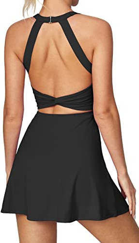 Heathyoga Tennis Dress with Built in Shorts and Bra for Women Summer Cut Out Twisted Golf Workout Athletic Dress Black
