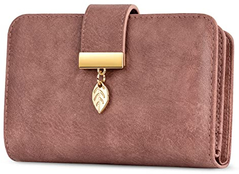 Faneam Ladies Purse RFID Blocking Leather Wallet Women's Small Purse Ladies Bifold Purse Credit Card Wallet with Wrist Strap, 1 Zip Coin Pocket, 14 Card Slots, Exquisite Box (Vintage Pink)