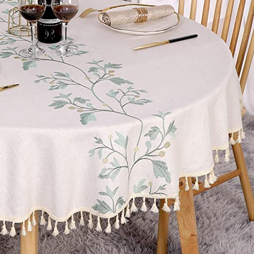 SUCHDECO Tischdecke Rund 120 cm Abwaschbar Leinen Baumwolle Beige Tischtuch Knitterfrei Staubdicht mit Grüne Gestickte Blätter, Quasten für Küche, Esszimmer, Esstisch, Couchtisch, Gartentisch
