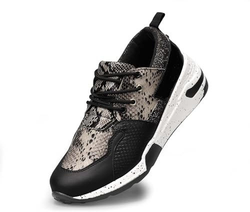 LUCKY STEP Femmes Baskets Chaussures de Mode avec Plateforme rétro et Lacets décontractés (Noir/Or Serpent, 9US-39EU-6UK)