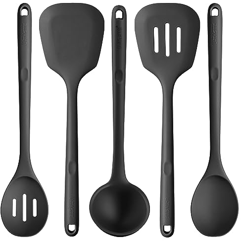 U-Taste Extra Long Silicone Kitchen Utensils, 5 Pcs 315℃ Heat Resistant Food Grade Cooking Tools Non-Stick Silicone Spatula Turner Spoon Set for Mixing Serving Frying Stirring Draining (Black)