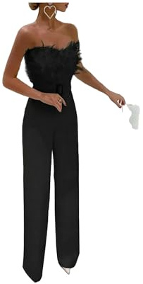 KWTF Vit jumpsuit för kvinnor, fjäderslangtopp, sexigt mode, sparkdräkt, kvällsfest, kläder, byxor med bälte, elegant damjumpsuit