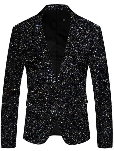Veste à paillettes pour homme - Brillant - Coupe ajustée - Élégant - Un bouton - Pour le printemps et l'automne - Veste de costume pour les loisirs - Pour mariage et affaires, Noir , L