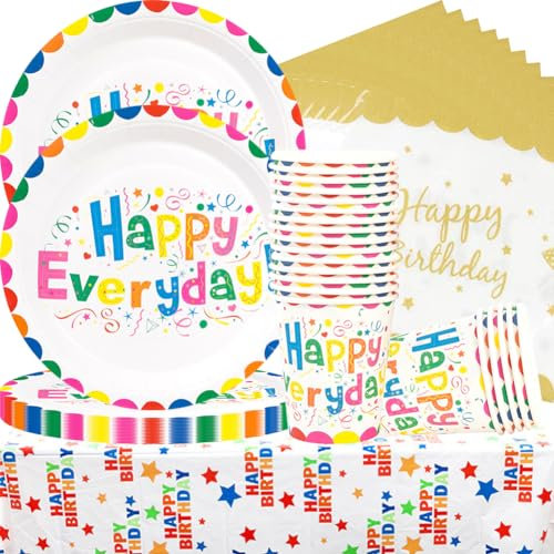 Vaisselle de fête colorée, ensemble de vaisselle de fête d'anniversaire en carton arc - en - ciel Happy Everyday, vaisselle de fête d'anniversaire, assiettes, tasses, serviettes, nappes (10 invités)