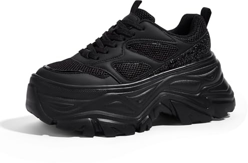 LUCKY STEP Women's Glitter Chunky Sneakers Breathable Mesh Dad Sneakers Fashion Casual Sparkly Bling Walking Shoes(8 M US Black)