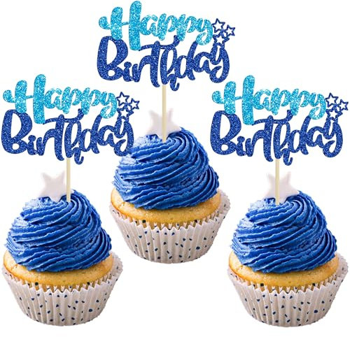 Ephlyn 24Pcs Happy Birthday Cupcake Toppers Double Layer Glitter Happy Birthday Cake Decorations for Baby Shower Theme Kids Boys Girls Birthday Anniversary Party Decorations Supplies Blue