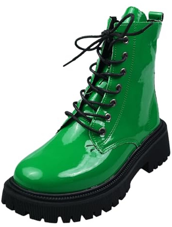 Generisch Overknees Boots Women's Combat Boots Women's Round Toe High Chunky Heel Plain Shiny Strap Medium Boots Leather Boots High Women's Casual, Green, 9 UK