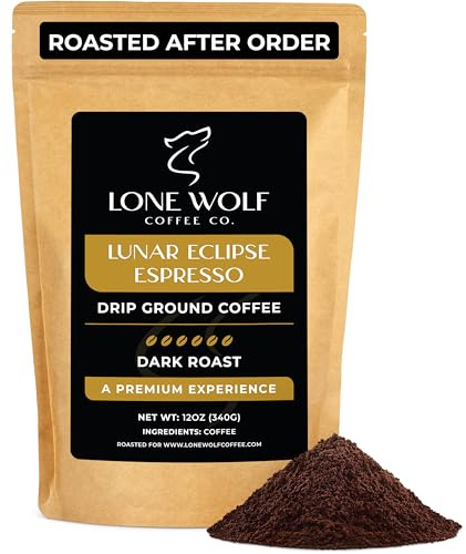Lunar Eclipse Espresso - Freshly Roasted After Your Order – Specialty Grade, Low Acid, Artisanal Dark Roast Drip Ground Coffee, No Bitterness, Ethically Sourced, 12OZ Compostable Bag