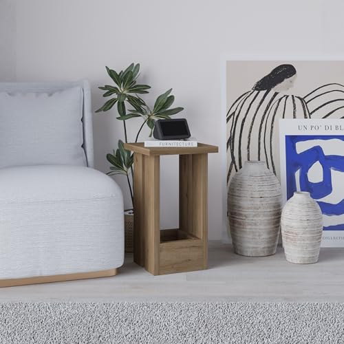 HOCUS PICUS Modern Side Table Slim Square Narrow Table Industrial Coffee, Tray & Minimalist Design Engineered Wood Sofa Tables for Small Spaces Living Room, Bedroom 30(W) x50.5(H) cm (Natural Oak)