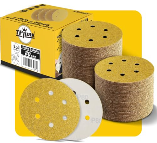 100PCS 150mm 80 Grit 6 inch 6 Hole Sanding Discs Sandpaper - Premium Gold Round Hook and Loop for Random Orbital Sander - Ideal for Wood, Metal, Automotive