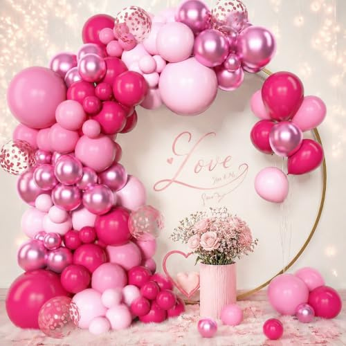 Hot Pink Balloons Arch Kit, 114pcs Pastel Pink Balloon Arch with Maca Light Pink Balloons Confetti Balloon for Baby Shower Princess Theme Party Decoration Valentine's Day Wedding Birthday Girls