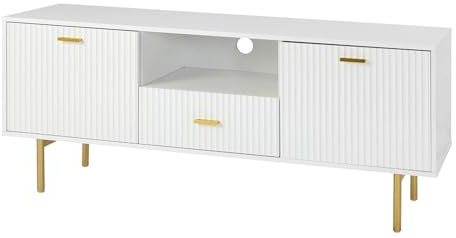 KOSY KOALA White TV Cabinet with Gold Metal Legs and Handles – Stylish Media Console with Spacious Storage