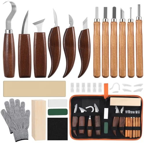 Holz Schnitzwerkzeug Set,Schnitzset mit 12 Schnitzmesser,Schnitzwerkzeug Holz für Kinder&Erwachsene, Schnitzmesser set mit prakt Schnittfeste Handschuhe,Mattiertes Papier