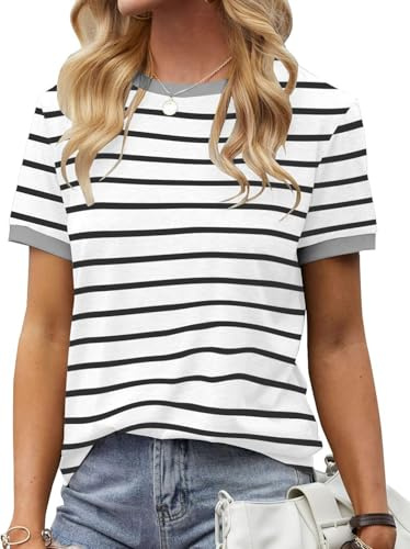 Fisoew Dam randig t-shirt rund hals kortärmad basic randig tee toppar